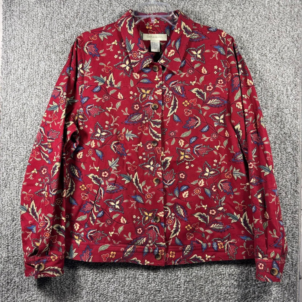 Appleseed's Jacket Red Floral Cotton Canvas Button Front‎ Womens Large L